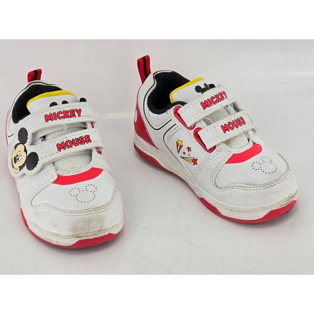 Disney Mickey Mouse Sneakers Toddler Boys Size 7 White Red Hook Loop - Good